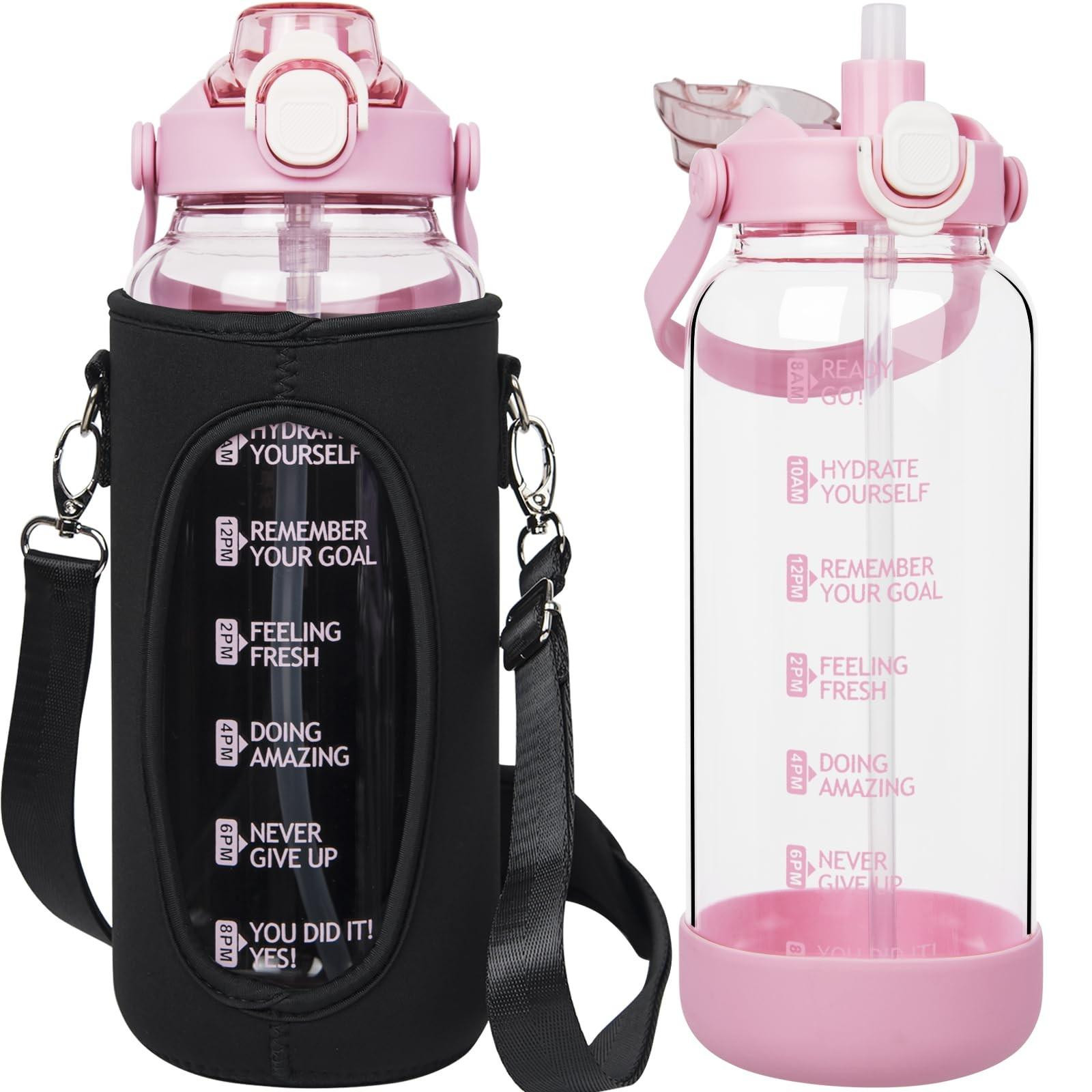 Merkloze Glazen Waterfles van 2 Liter met Rietje en Motivational Time Markers