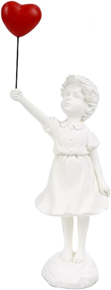 Ballon Meisje Beeldje - Handgeschilderd Kunstobject van Hars - Zwart Wit - Hoogte: 24 cm
