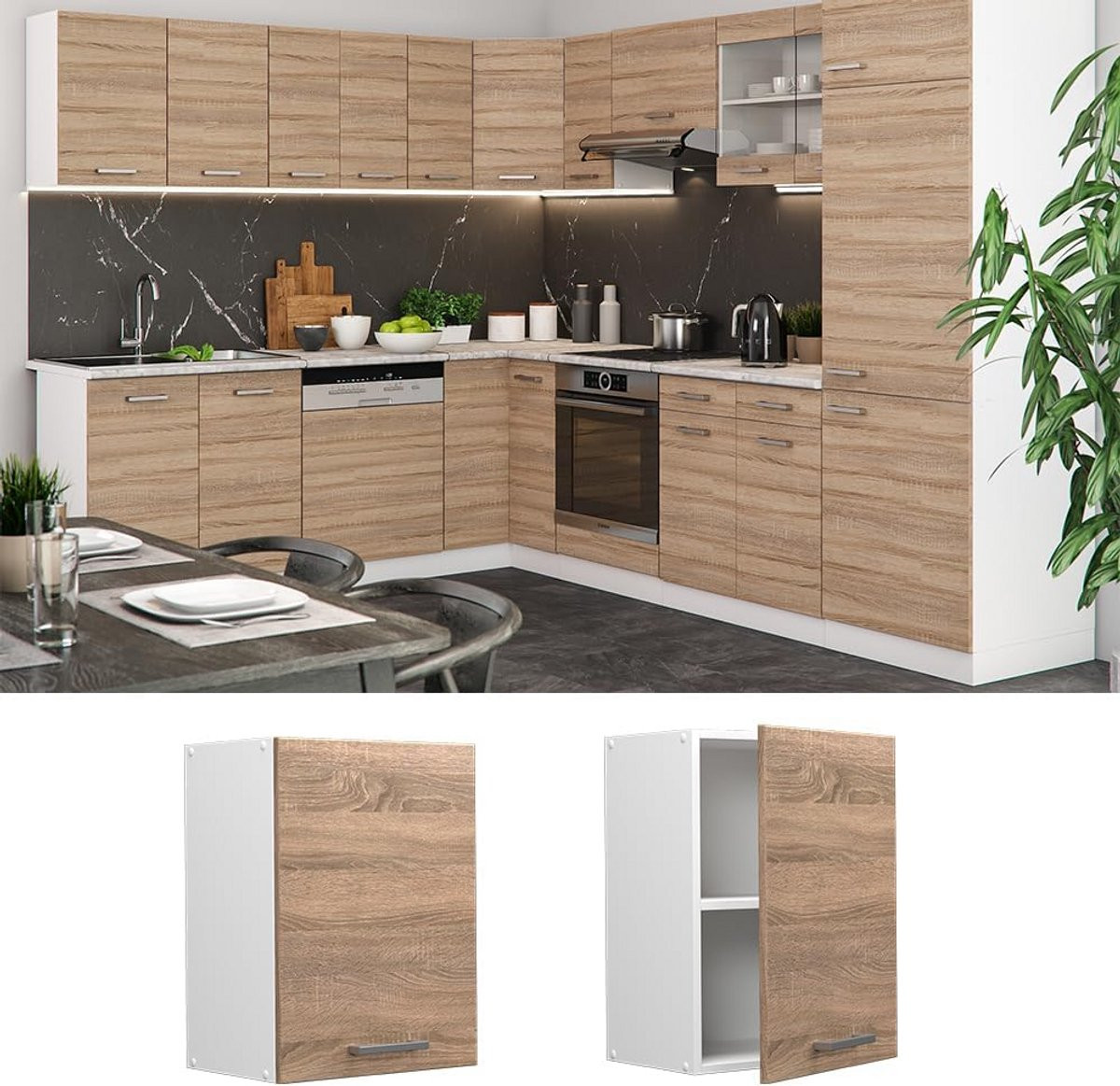 Keukenkastjes set met 6 designs bestaande uit een hangkast en een onderkast van MDF