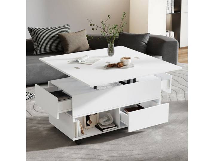 Table basse Multifonction 3 en 1 avec roulettes réglable en hauteur 4 tiroirs table basse pour Salon Table basse blanc 100x50x52cm
