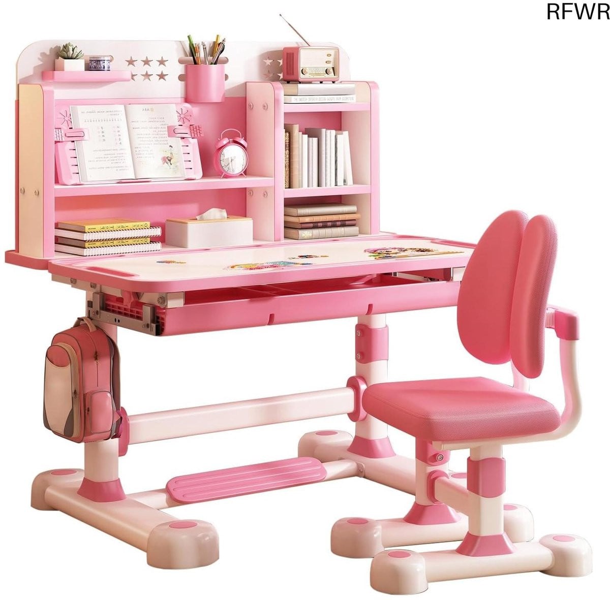 RFWR Verstelbaar Kinderbureau met Ergonomische Stoel en Opbergruimte - Roze