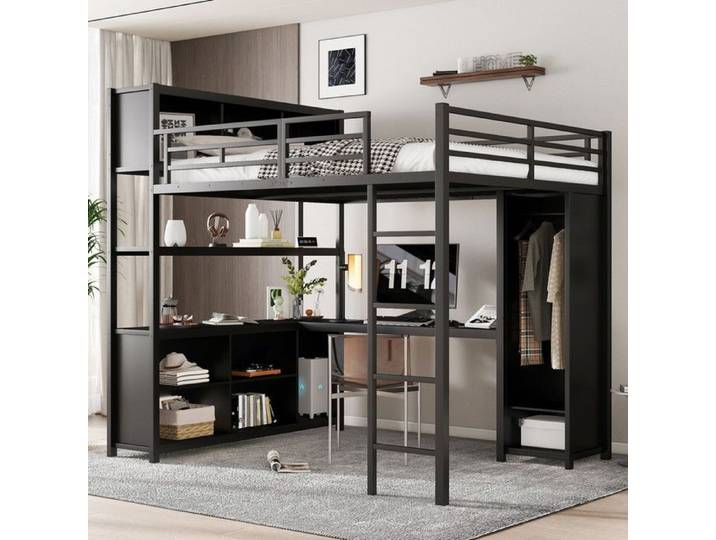 Lit mezzanine - Fer - 140x200cm - Rangement double - Armoire intégrée - Noir