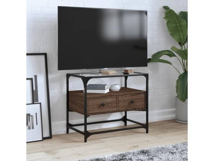 HEFZGDB TV-Schrank mit Glasplatte Braun Eiche 60x35x51 cm Holzwerkstoff Metallrahmen Industriestil Stauraum Schubladen Wohnzimmer Beistellschrank