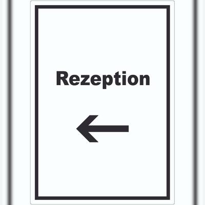 HB-Druck Rezeption Aufkleber mit Text und Richtungspfeil links Anmeldung Eingang hochkant A6 (105x148mm)