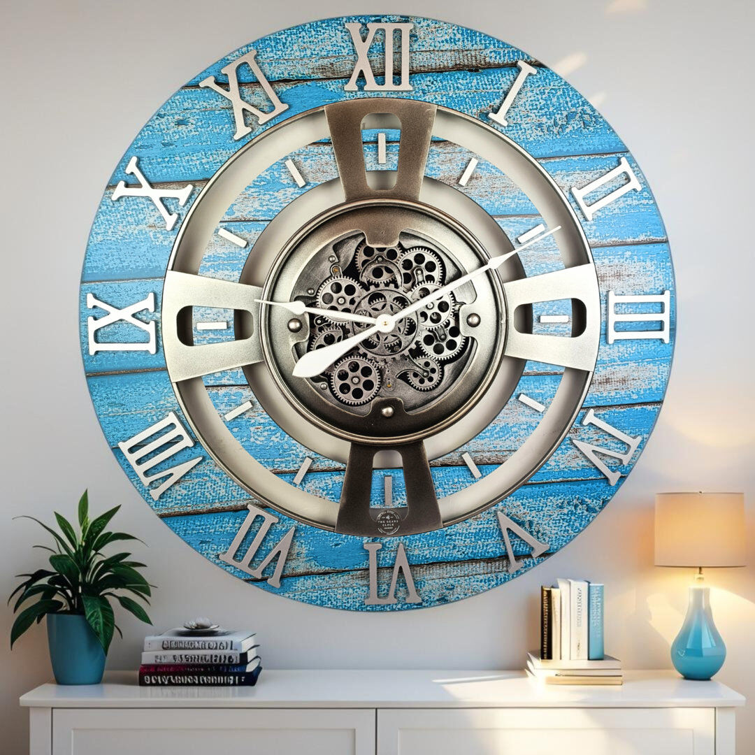 The Gears Clock Solid Wood Wall Clock Ocean Blue Oversize 91.4cm