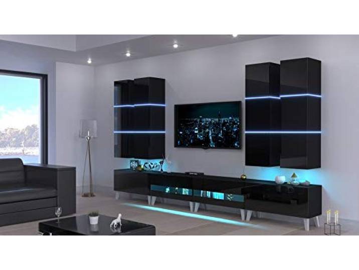 Furnitech Jurat AN51 Möbel Schrankwand Wandschrank Wohnwand Mediawand mit Led Beleuchtung Wohnzimmer (LED RGB (16 Farben), ANK51-18HG-B1 GS5 Mit Füßen), 192