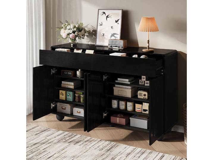 okwish Sideboard mit zwei Schubladen und vier Türen,geschwungenes Türdesign Kommode mit runde Metallfüße, Viel Stauraum, Schwarz