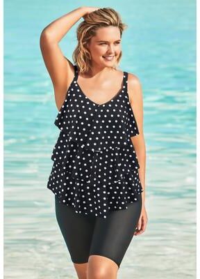Plus Size Women's Longer-Length V-Neck Tiered-Ruffle Tummy Control Tankini Top by Swim 365 in Black Dots (Size 18)