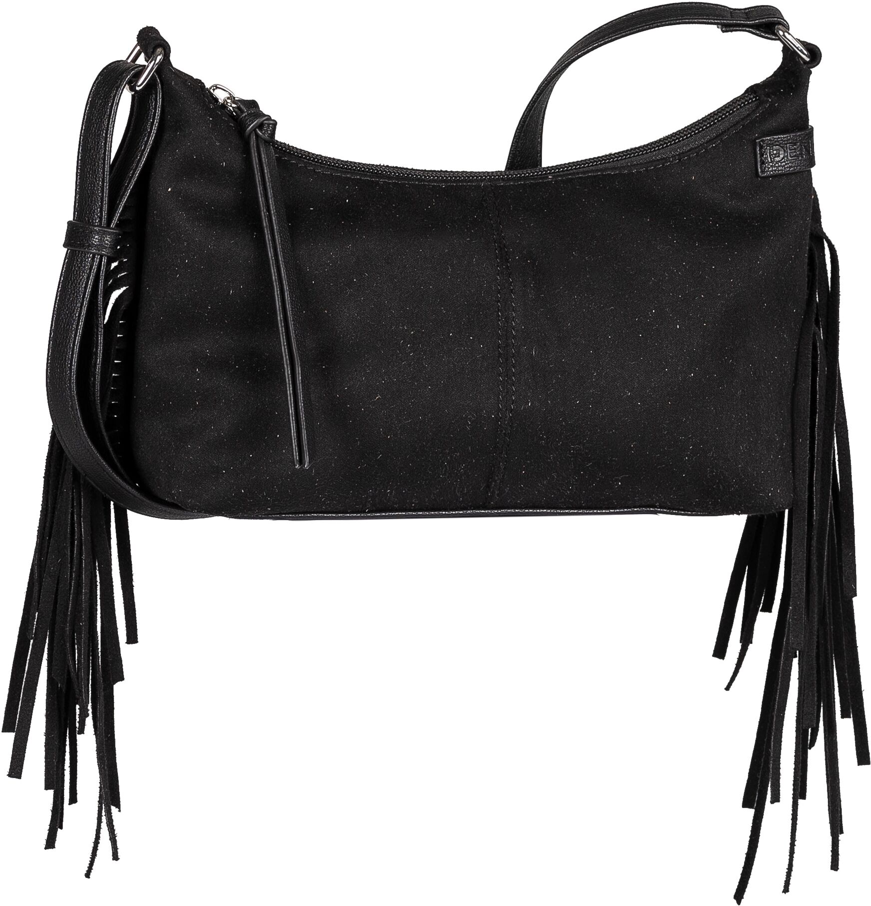 Umhängetasche TOM TAILOR DENIM "Deyanira", Damen, Gr. B/H/T: 25,5cm x 16cm x 7cm, schwarz, Polyester, Samtoptik, clean, gepflegt, Taschen Umhängetasche, Damen Schultertasche, Handtasche mit weich fallenden Fransen schwarz B/H/T: 25,5cm x 16cm x 7cm
