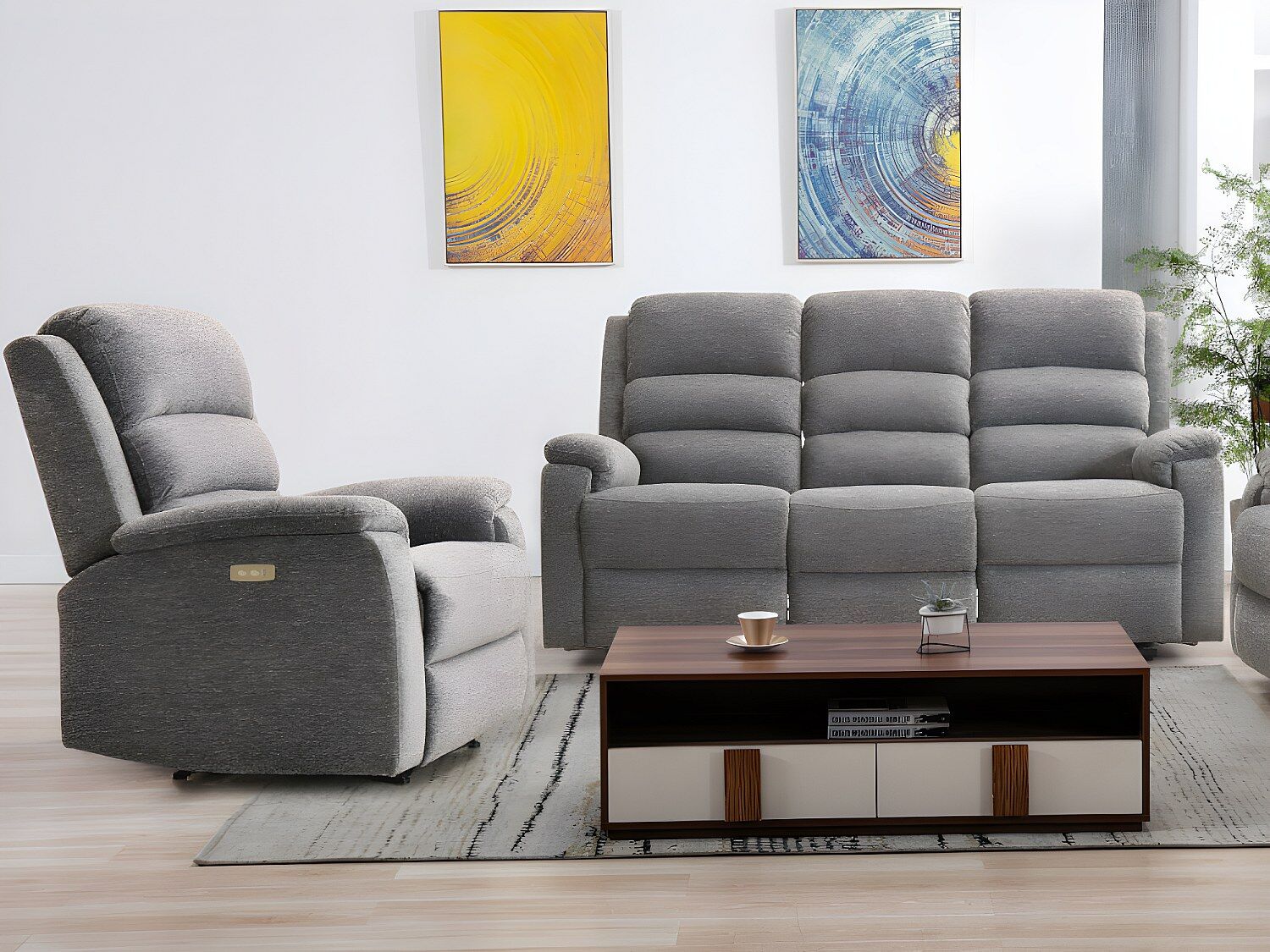 Unique Sofá de 3 plazas y sillón relax eléctrico de tela NEVERS - Gris