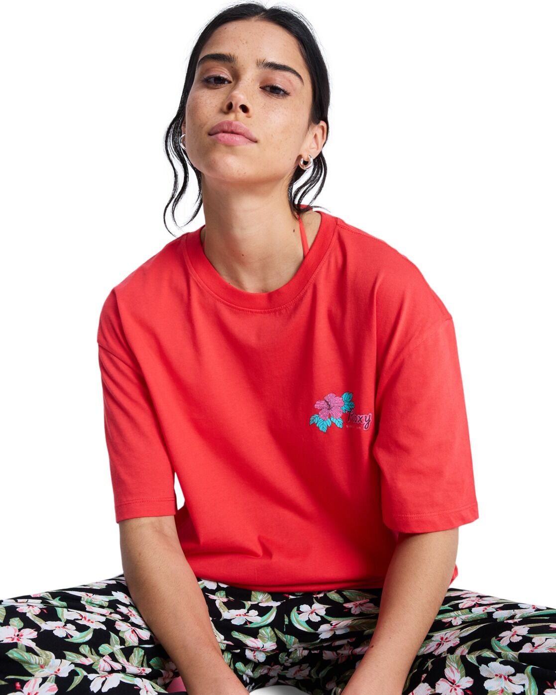 T-Shirt ROXY "Hangloose Poster", Damen, Gr. M, rot (hibiscus), Obermaterial: 100% Baumwolle., Shirts T-Shirt hibiscus M