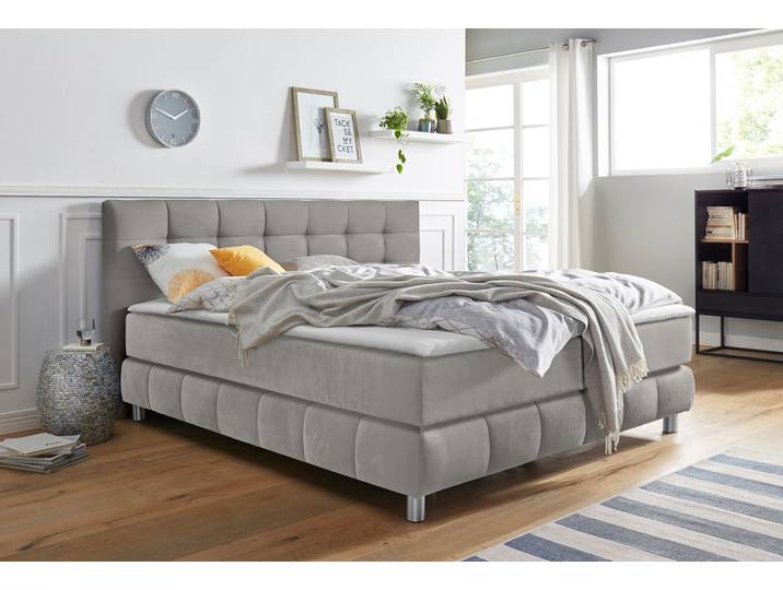 Boxspringbett, Samtoptik, Hellgrau, 200×220 cm, 7-Zonen-Kaltschaummatratze, Skandinavisch, andas