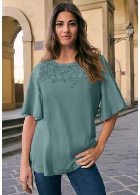 Plus Size Women's Plus Size Embroidered Slub Tee by Roaman's in Mint Embroidered Flowers (Size 12)