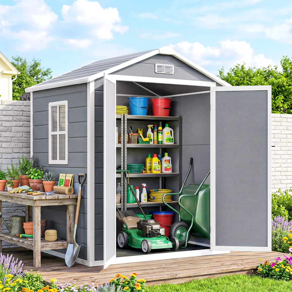 Outsunny Abri de jardin cabanon 2 portes 1 fenêtre résine polypropylène gris Gris 183x210x134cm