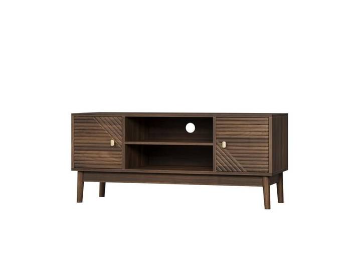 Meuble TV 110 cm – Style Mid-Century – Noyer – 2 portes et rangement ouvert