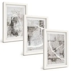 BILDER SET 3er Set - 20x30 cm Weißer Rahmen - Graue Holzmaserungsmuster