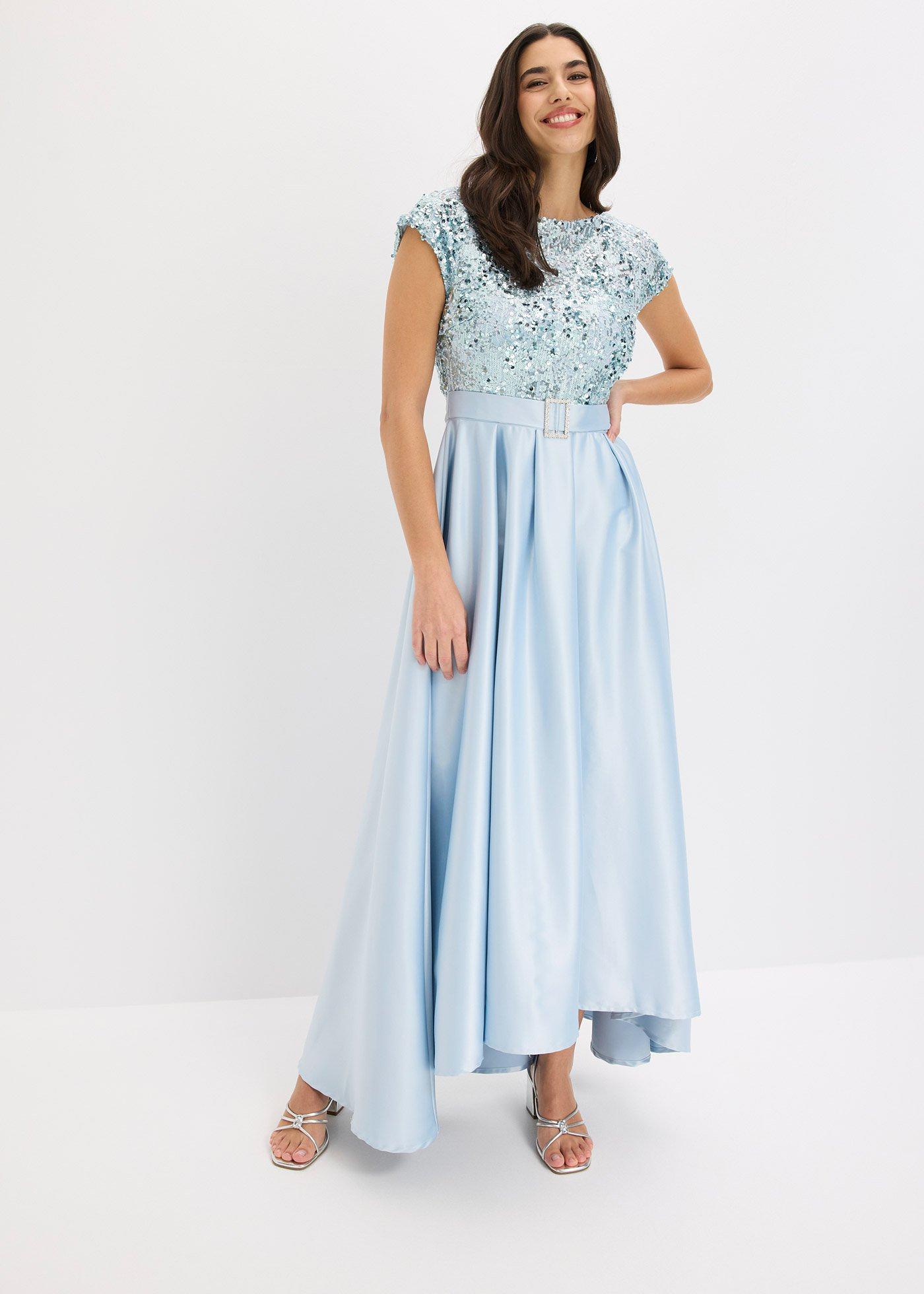 bonprix Abendkleid aus glänzendem Satin mit Pailletten, blau, Gr.40, Modern und feminin: Abendkleid aus glänzendem Satin mit bestickten Pailletten im Oberteil