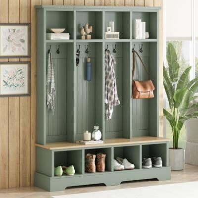 toswini Farmhouse Hall Tree with 8 Hooks 8 Compartments Wooden Bench for Entryway