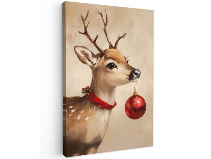 MuchoWow Leinwandbild - Weihnachten - Hirsch - Geweih - Weihnachtskugel - Rentier - 80x120 - Wanddeko, Hellbraun, Textil, Kiefer, Abstrakt, Rechteckig, 80x120 cm, gerahmt, Bilder & Rahmen, Bilder, Wandbilder