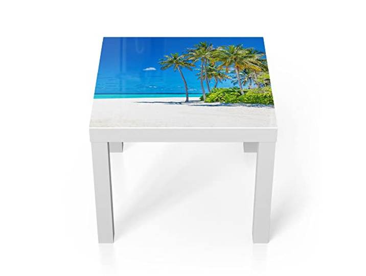 DEQORI Glastisch weiß klein 55x55 cm Motiv Palmenstrand Panorama ausgefallener Beistelltisch aus Glas Hochglanz Couchtisch fürs Wohnzimmer moderner Couch Tisch mit Design