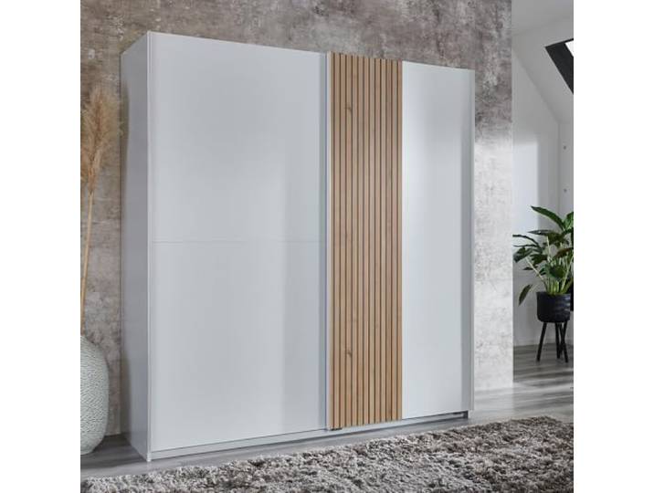 Lomadox Kleiderschrank Schwebetürenschrank 180cm, weiß mit Eiche
