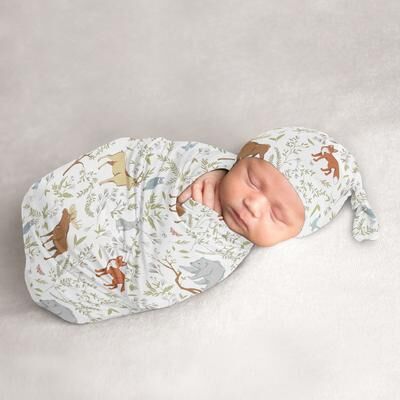 Sweet Jojo Designs Woodland Animal Toile Collection Boy or Girl Baby Cocoon and Beanie Hat Sleep Sack - 2pc Set - Grey Green Forest Bear Deer Fox