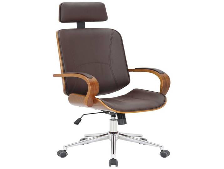 Chaise de bureau dossier et l appuie tête en metal PVC marron et cadre en bois noyer 10_0002450
