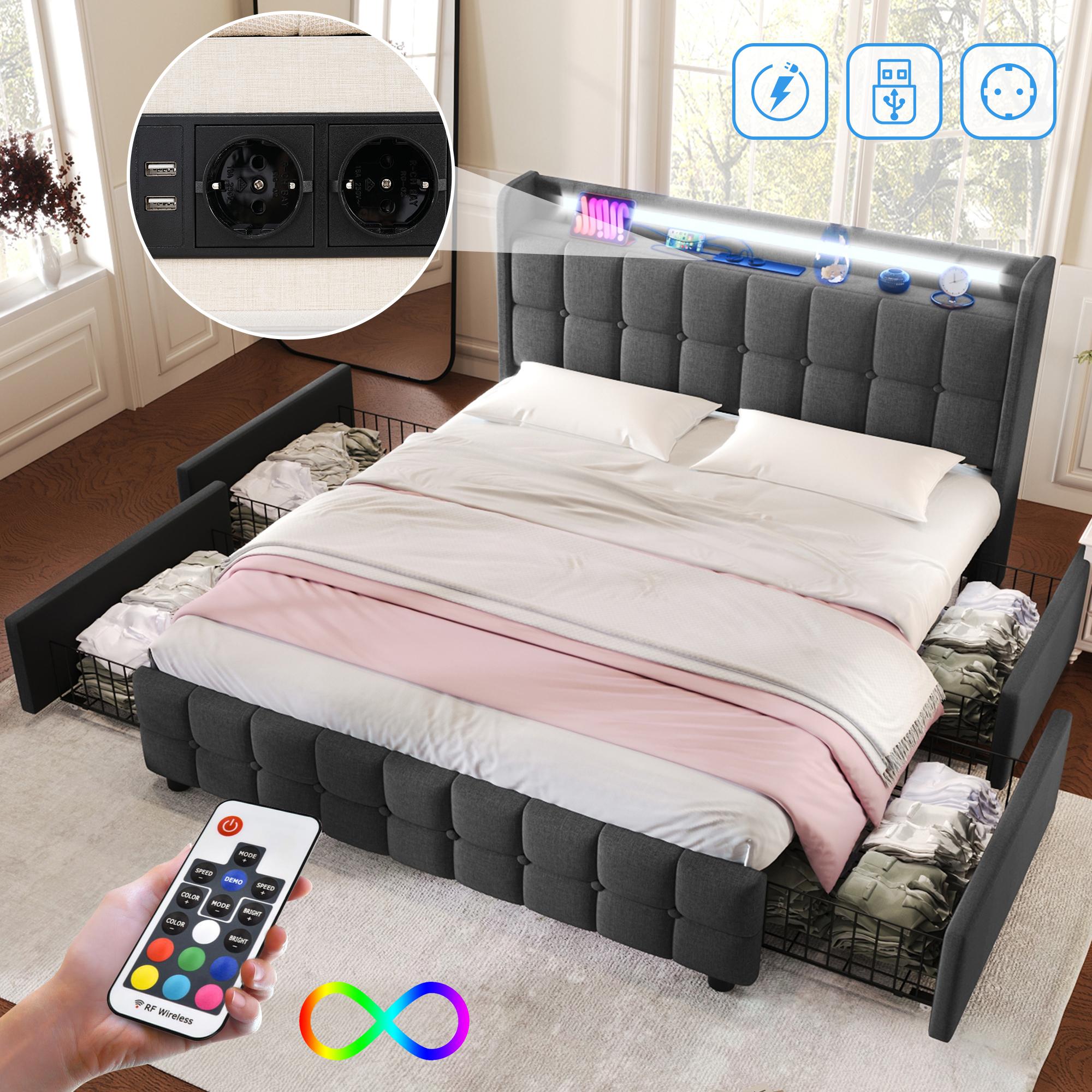 Polsterbett mit aufladen USB Ladefunktion Kopfteil und LED-Beleuchtung und 4 Schubladen,Doppelbett 160x200cm (Mit Matratze)