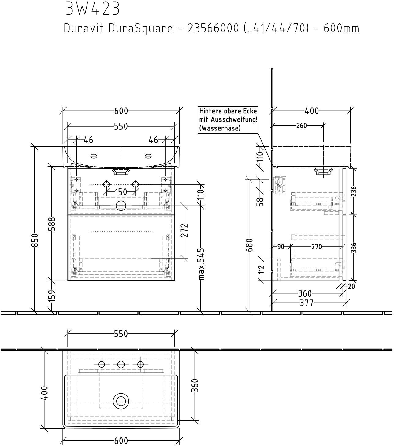 Sanipa 3way Waschtischunterbau für Keramik-Waschtisch Dura Square 60 cm, 2 Auszüge mit Griffleisten, geringere Tiefe