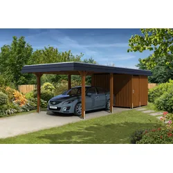 Carport Wendland 362x870 schwarze Blende, nussbaum, mit Abstellraum, Dachschalung und EPDM Holzcarport