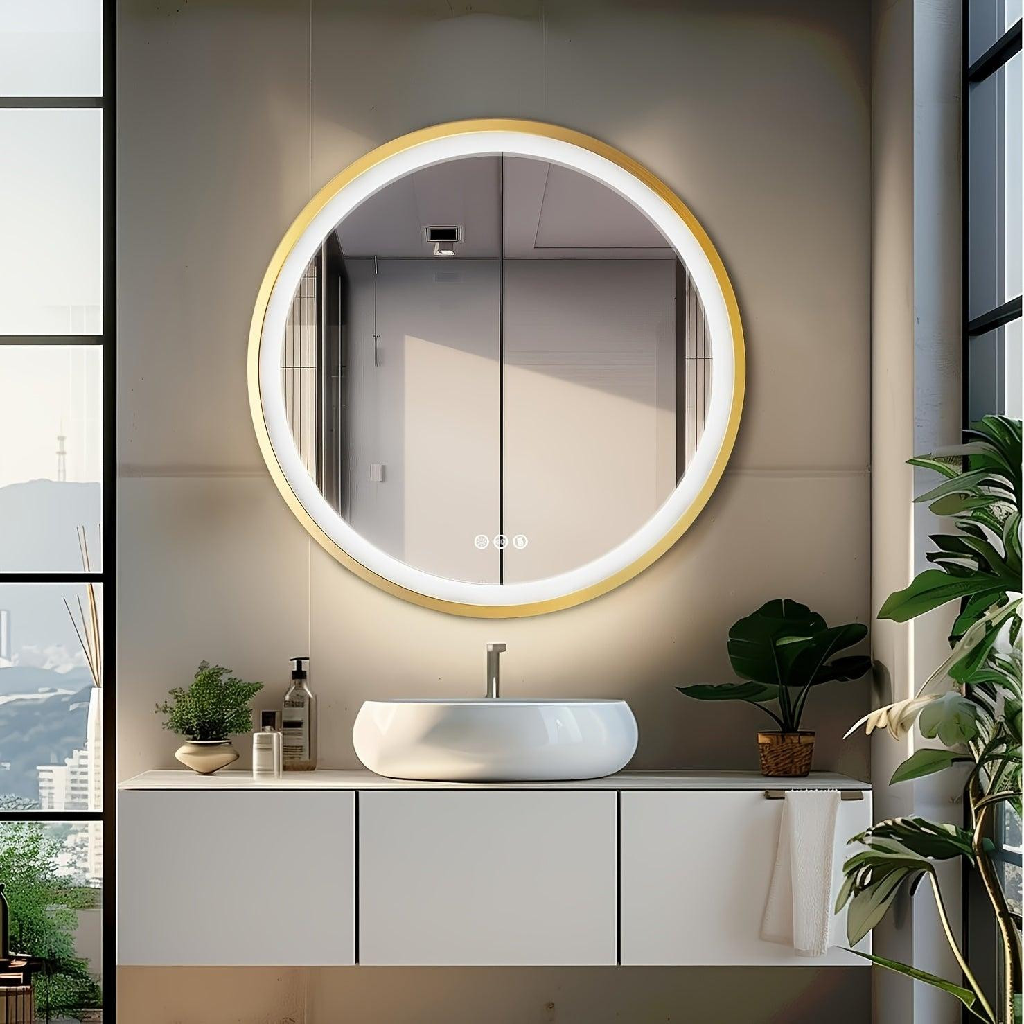 Selius Badkamerspiegel LED - Rond - Verlichte Wandspiegel met Goud Aluminium Frame