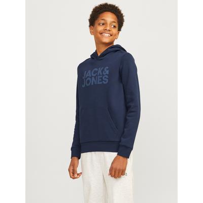 Kapuzensweatshirt JACK & JONES JUNIOR "JJECORP mit Druck, Kängurutasche, pflegeleicht", Jungen, Gr. 128, blau (navy blazer), angeraute Sweatware, Obermaterial: 70% Baumwolle, 30% Polyester, bedruckt, regular fit normal, Rundhals, Rippbündchen,...
