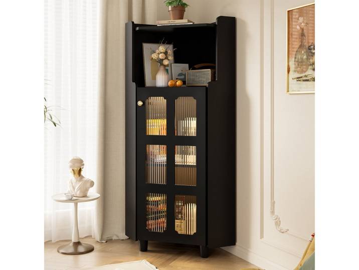 BBWL Eckhängeschrank mit LED-Beleuchtung, MDF-Lack, App-Steuerung, Eckkommode Eckschrank mit Glasvitrine für Bad & Wohnzimmer