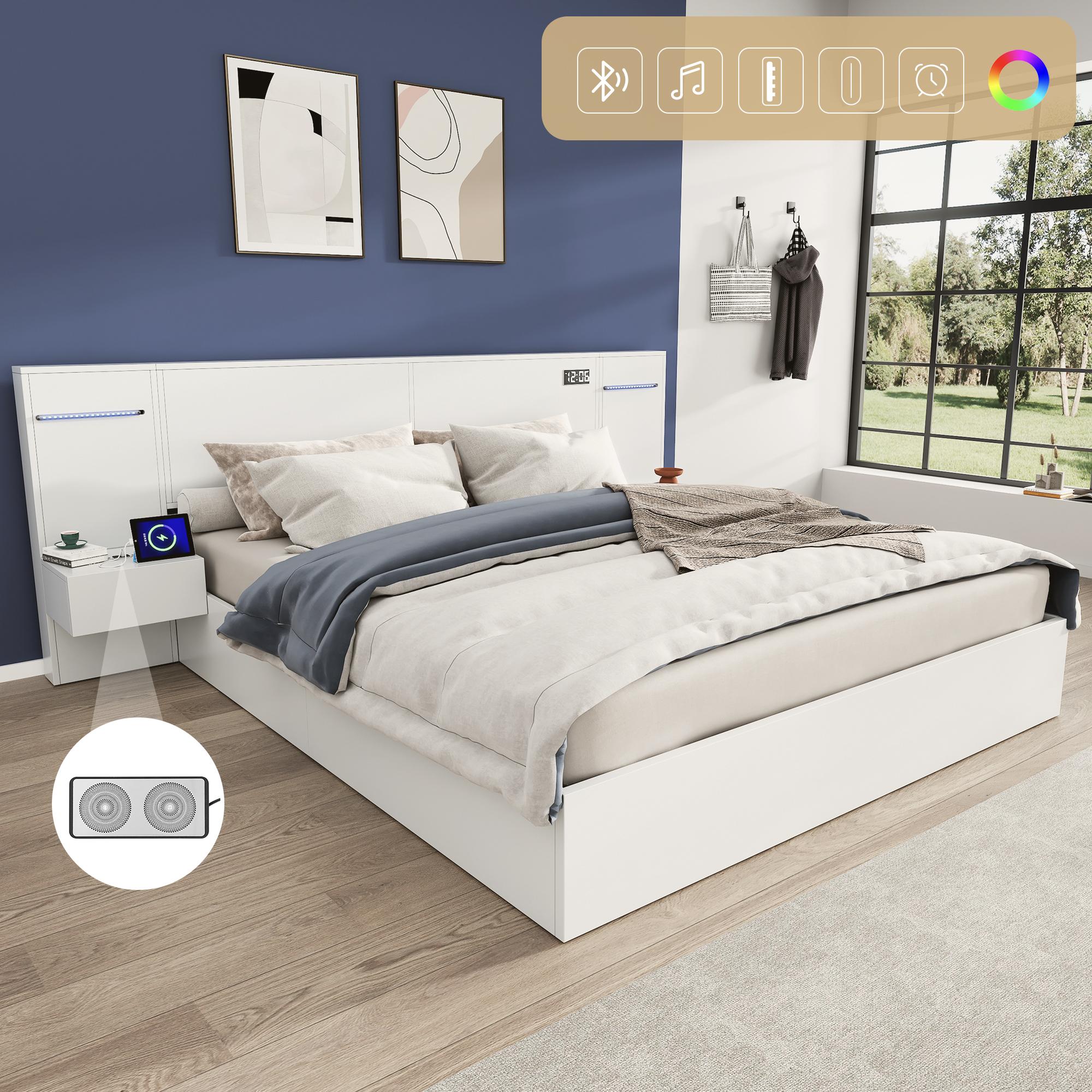 Doppelbett 180*200cm, mit USB-Anschluss, elektronischer Uhr, Bluetooth-Lautsprecher, Farblichtleiste, integrierter Matratze, Matratze nicht enthalten