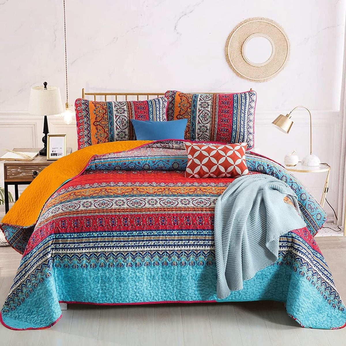 Solidchoice Boho Quilt California King Size - Oranje en Blauw Bohemian Dekbedovertrek Set