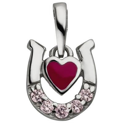 Kettenanhänger JOBO "Anhänger Hufeisen Herz 9,1 mm", rosa (silber 925, rosa), Schmuckanhänger, Mädchen, Silber 925 (Sterlingsilber), Kettenanhänger, 925 Silber mit 5 rosa Zirkonia