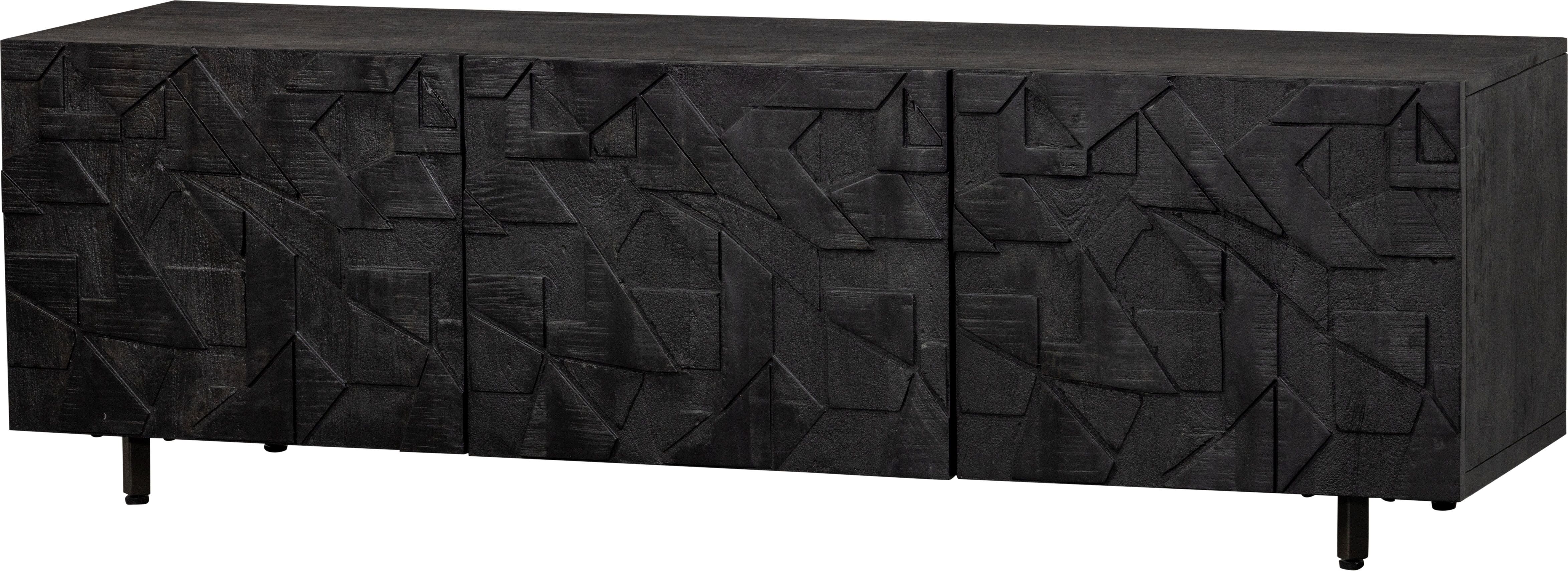 Lowboard WOOOD "Counter Mangoholz mit Druckmechanismus und Kabelöffnung, 160x45x50 cm", schwarz, B:160cm H:50cm T:45cm, Holz teilmassiv, Sideboards, Lowboard, Grafisches Holzschnitzerei-Türdekor, Tragkraft Deckplatte 35 kg schwarz B/H/T: 160cm x 50cm x 45