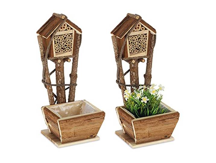 Relaxdays Bienenhotel mit Blumentopf, 2er Set, kleines Insektenhotel, Natur