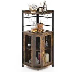 COSTWAY Eck-Barschrank mit Glashalter, Weinschrank mit Metallgittertüren & verstellbarem Regal, Braun