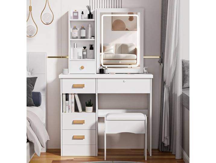WILITTO Coiffeuse avec Miroir LED - 5Tiroirs - Miroir Lumineux Coulissant - 80x36x125cm - Blanc