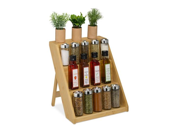 Relaxdays Gewürzregal Natur Bambus 3-stufig, Hellbraun, Holz, 30x29.5x26 cm, Küchen, Küchenmöbel