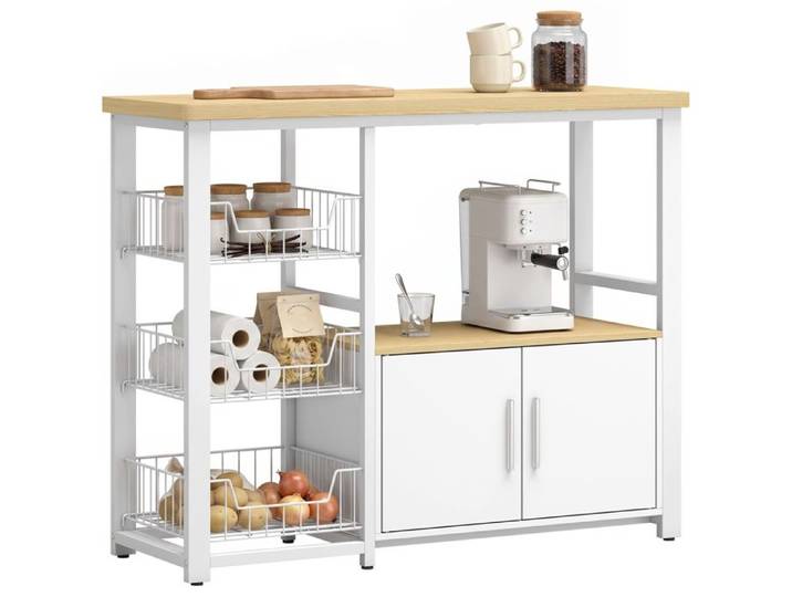 Étagère de cuisine - HOMCOM - 3 paniers 2 portes plan de travail support de micro-ondes - bois - 100x35x80cm - blanc et chêne