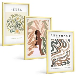 BILDER SET 3er Set - 40x60 cm Goldrahmen - Boho-Pastell-Minimalisten-Poster