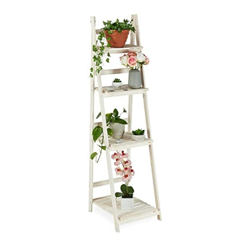Relaxdays plantentrap van hout met 4 etages, wit, shabby chic, H x B x D: 160 x 50 x 41 cm