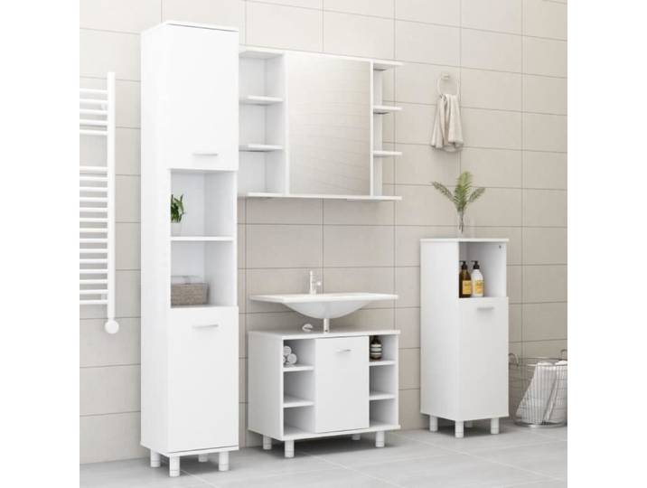 Ensemble Meuble de salle de bain 4 pcs Style Contemporain - SALLE DE BAIN COMPLETE Blanc Aggloméré