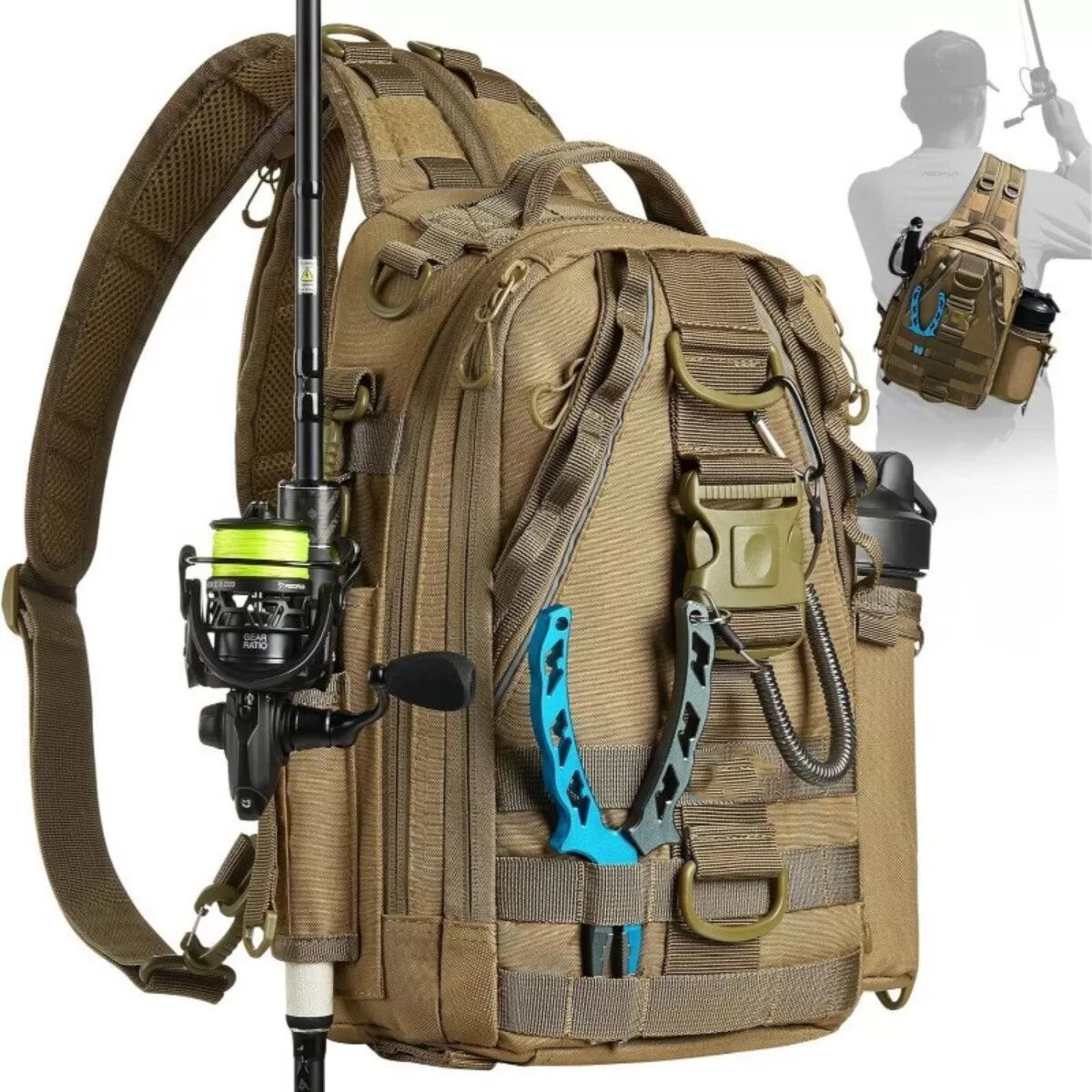 INF Multifunktionale Angelrucksack-Brusttasche für Outdoor-Freizeit Braun