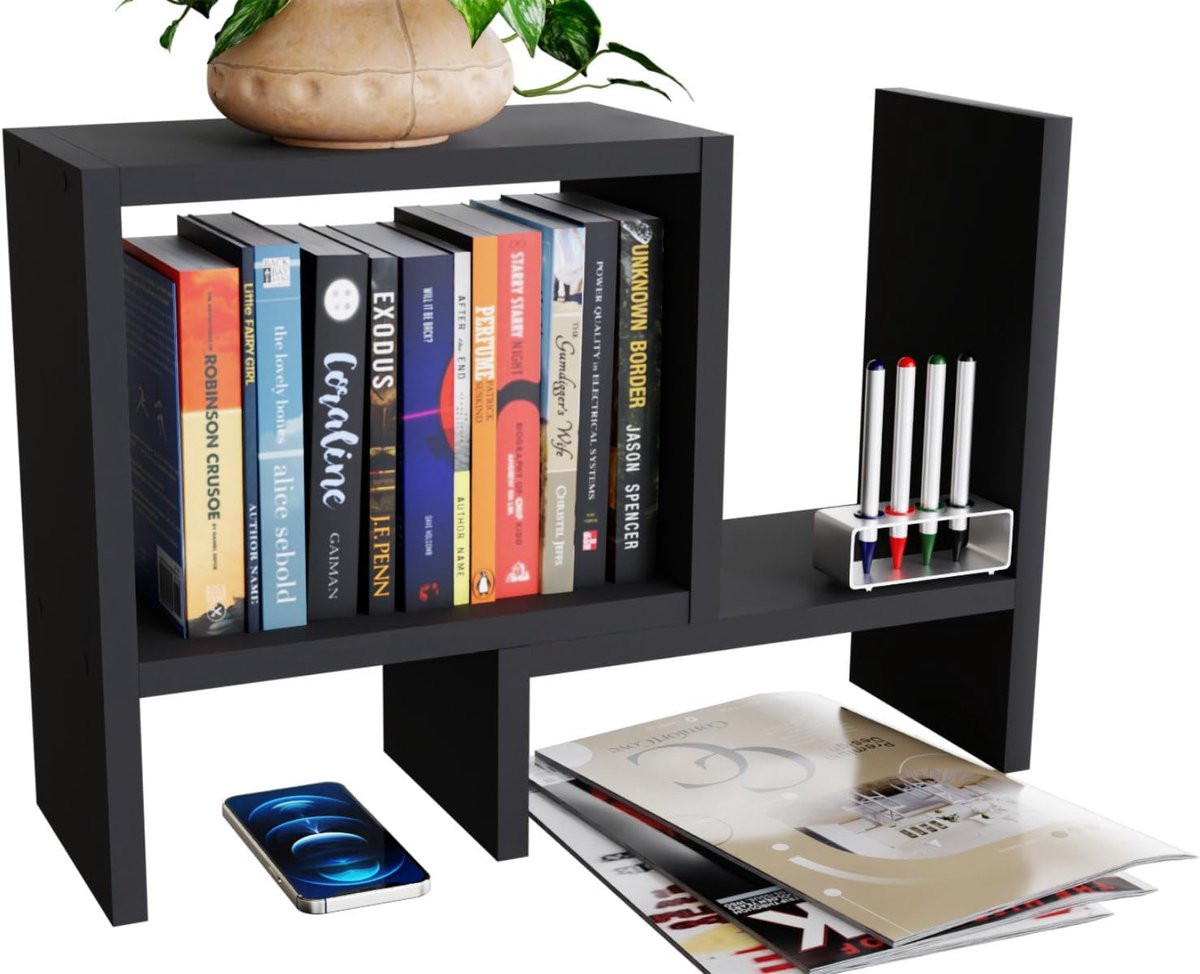 SnelShoppen Verstelbare Boekenkast Boekhouder - Zwart - Multifunctionele Desk Organizer en Opslagrek voor Kantoor, Keuken en Woonkamer