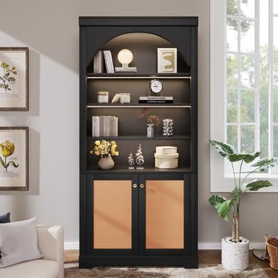 Kodotan sofa Tall Bookshelf with 4-layer LED Lightings,Modern Bookcase with Rattan Doors and Open Adjustable Shelves,Storage Bookshelf