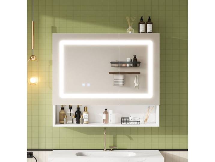 Armoire Miroir Salle De Bain Blanche Armoire Murale LED FloraGrace Pour Salle De Bain Etagère Réglable Et Antibuée 80x17x70cm