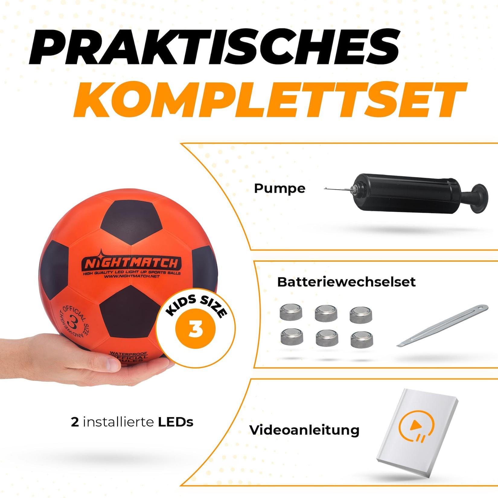 NightMatch Fußball Gr. 3 schwarz/orangeinkl. Pumpe & Ersatzbatterien